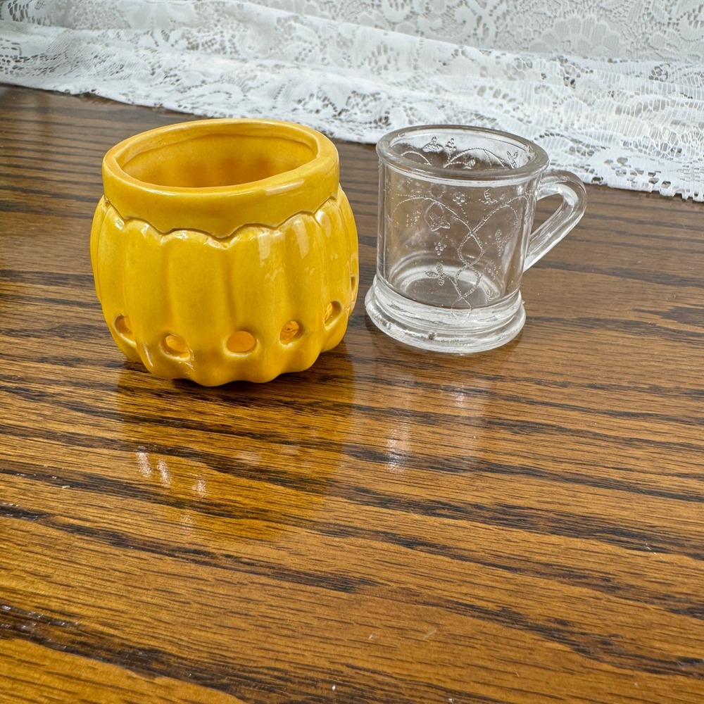 Vintage Yellow Ceramic Pumpkin Votive Holder and Butterfly Glass Mug Set